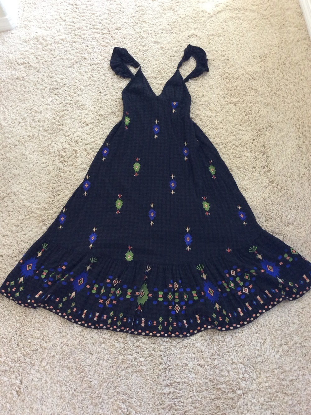 Anthropologie Black Maxi Dress with Blue and Green Embroidered Accents